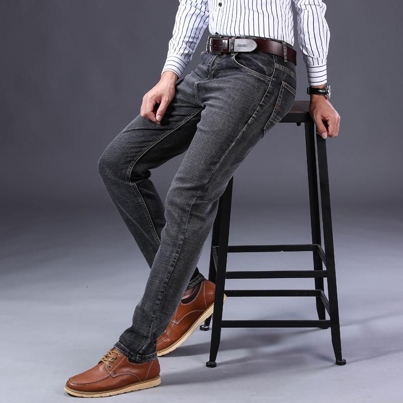 Классические осенне-зимние мужские серые деловые джинсы и брюки из мягкого эластичного денима от мужского бренда черного и синего цвета