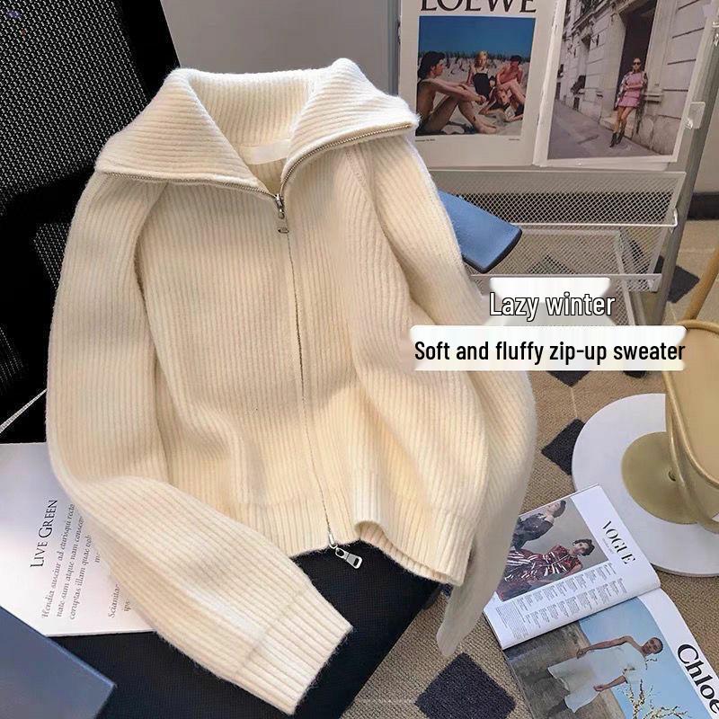 Women's Autumn/Winter Double Zipper Knit Cardigan - High Neck, Thickened Sweater Coat