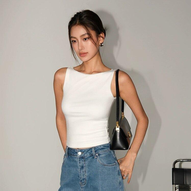 Women Double Layer Boat Neck Soft Slinky Tank Top