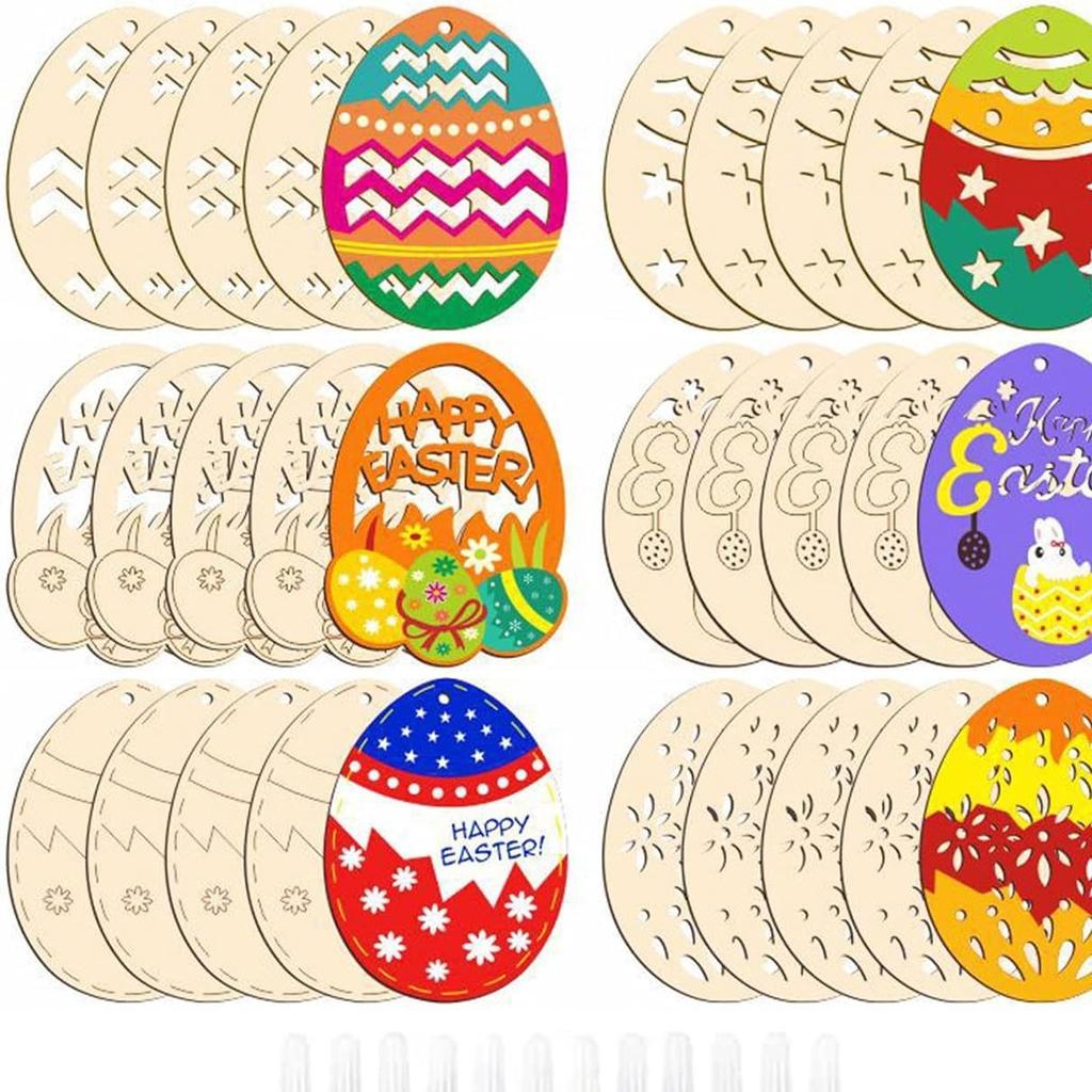 30/36/60pcs 1 Set Wooden Wooden Easter Pendant DIY Painting Craft Easter Hanging Ornament Happy Easter Rabbit Easter Egg Pendant