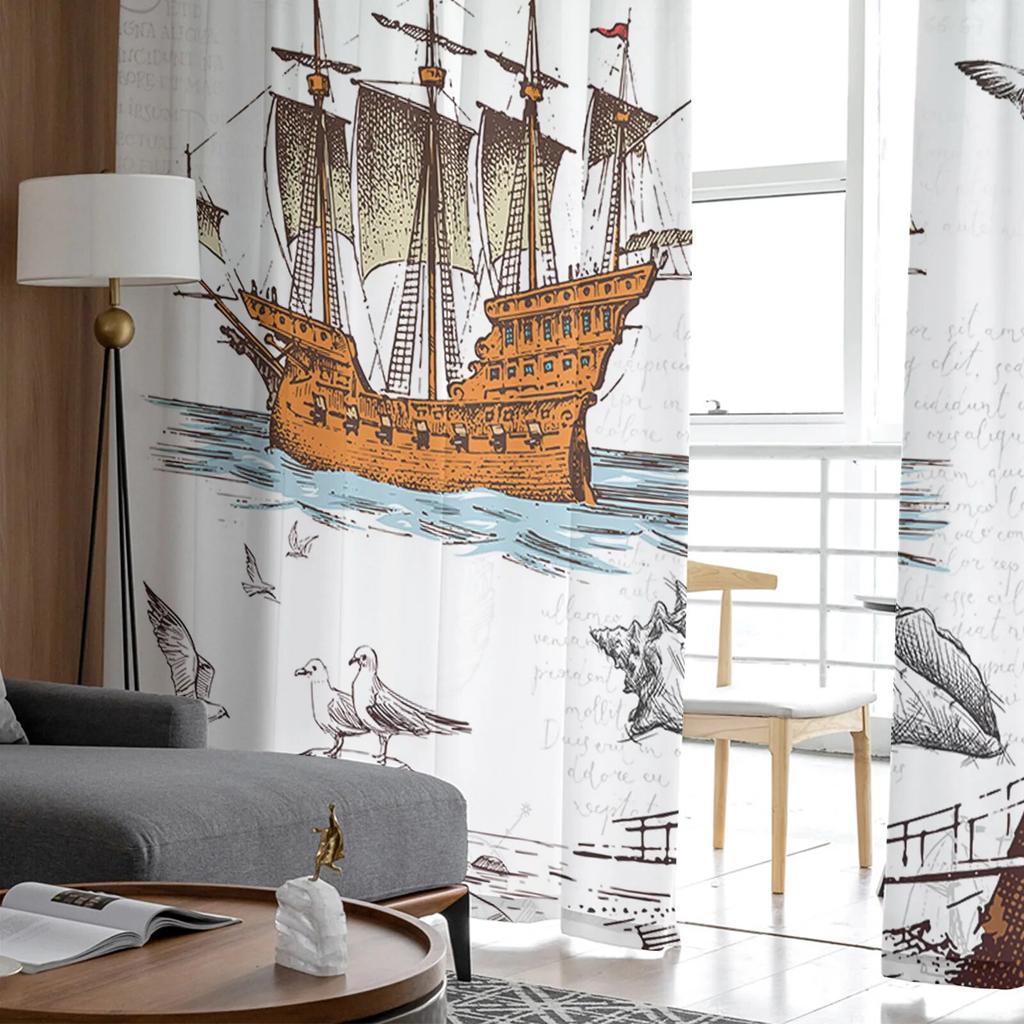 Retro Illustration Lighthouse Sailing Bedroom Transparent Sheer Curtains Holiday Decoration Window Voile Tulle Curtain