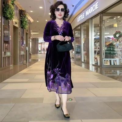 Весенне-осеннее женское платье большого размера, вышитое золотым бархатом, платье высокого класса, платье свободного кроя с V-образным вырезом, длинное платье