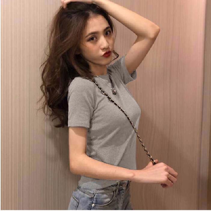 Женская облегающая однотонная футболка с круглым вырезом и короткими рукавами - лето 2025 г., корейский стиль