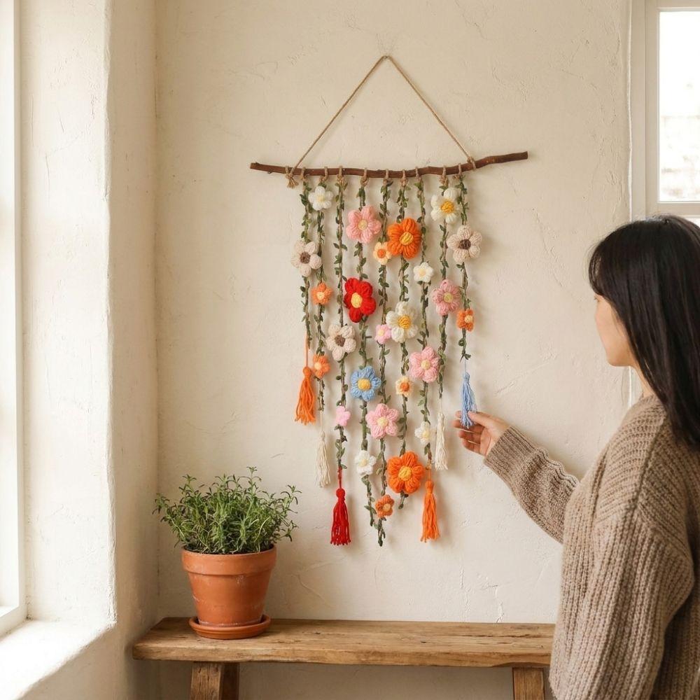 Natural Wooden Branch Crochet Floral Vine Wall Hanging Bedroom Wall Art