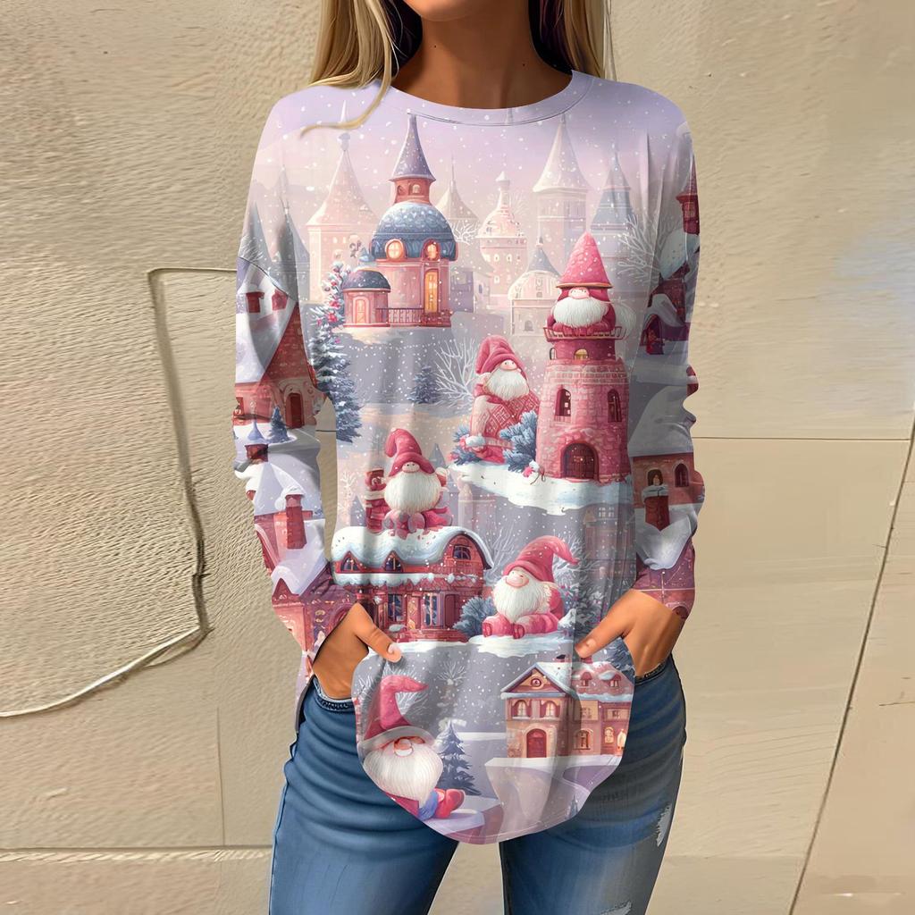 Tee Shirts For Women Casual Round Neck Long Sleeve Shirts Christmas Printing Top Pullover