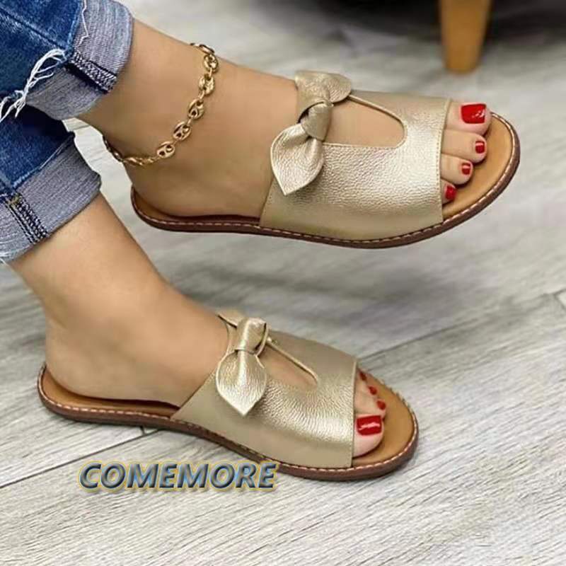 Летние женские повседневные модные сандалии-балетки с бантом, сандалии, удобные, на мягкой подошве, женские дышащие пляжные золотые тапочки, большой размер