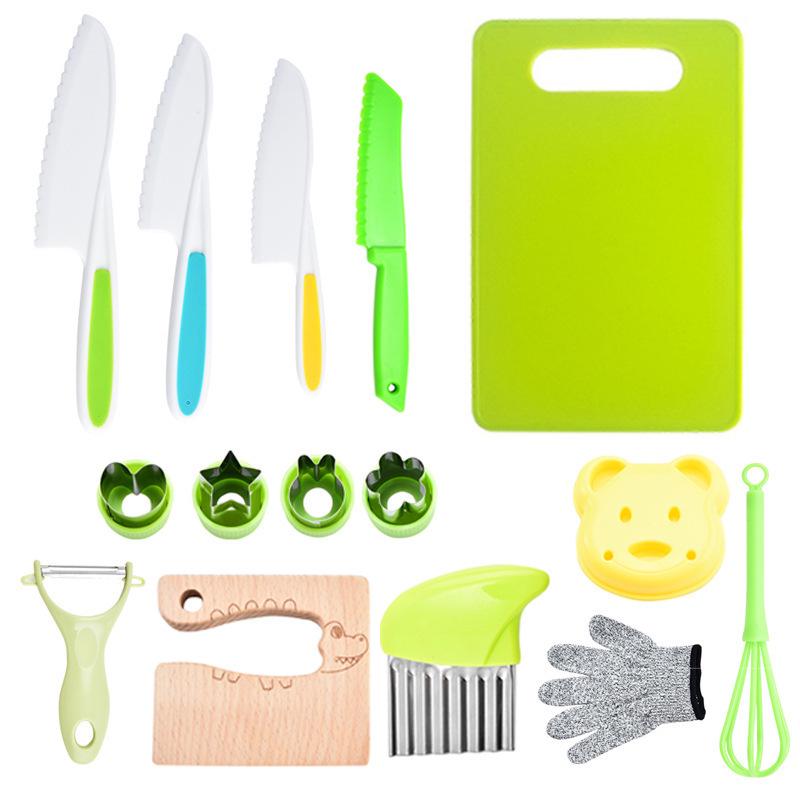 Детский безопасный кухонный набор из 46 предметов: Пластиковые ножи для фруктов и овощей с формами для тиснения и инструментами для детского питания. Доступно несколько стилей.