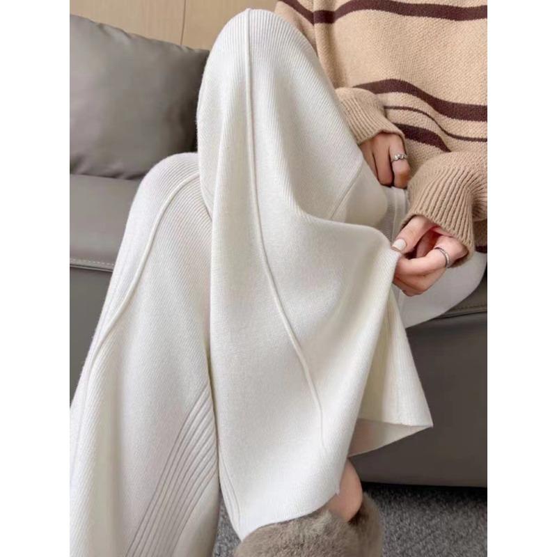 Women's Autumn and Winter Knitted Wide Leg High Waisted Pure Colour Pants