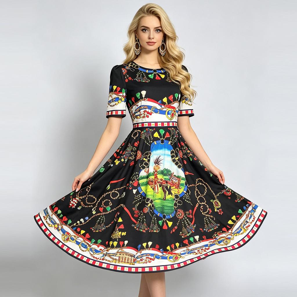 Бренд Fashioni Летнее Винтажное Миди Платье Женское С Коротким Рукавом Круглый Вырез Стиль Ампир Цветочный Принт Длинное Для Пляжной Вечеринки Вечернее Платье