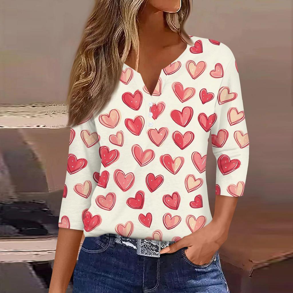 Женский повседневный универсальный топ с V-образным вырезом и рукавом три четверти на пуговицах с принтом ко Дню святого Валентина