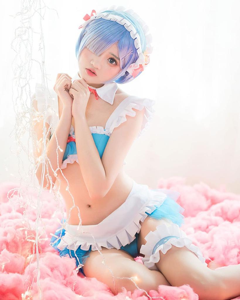 milky time ReZero Rem Cosplay Swimsuit Bikini “Isekai-type” with Wig, Size M, Color Rem/Isekai-type
