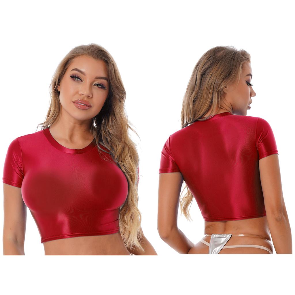 Womens Smooth Short Sleeve Crop Top Solid Color Round Neck Slim Fit T-shirt Sportswear Swimwear