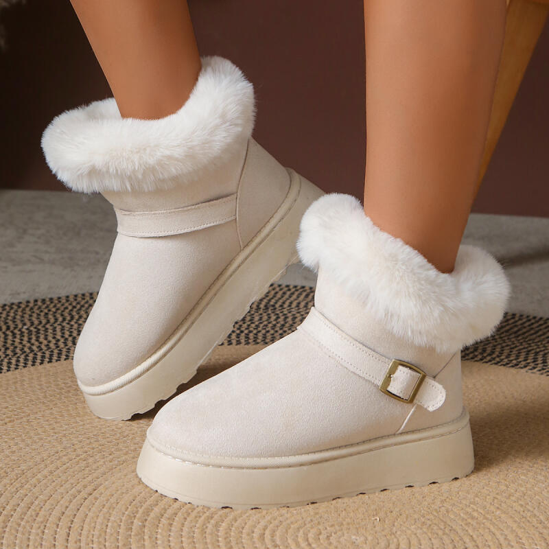 Fashion Fashion Metal Belt Buckle Fur Snow Boots Women 2025 Winter Warm Furry Ankle Boots Fashion Non Slip Thick Bottom Booties Size 42