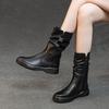 Модные женские ботинки Осень Зима Плюшевые Теплые Ботинки до середины икры Круглый носок Молния Плиссированные Толстая подошва Кожаные Хлопковые Ботинки