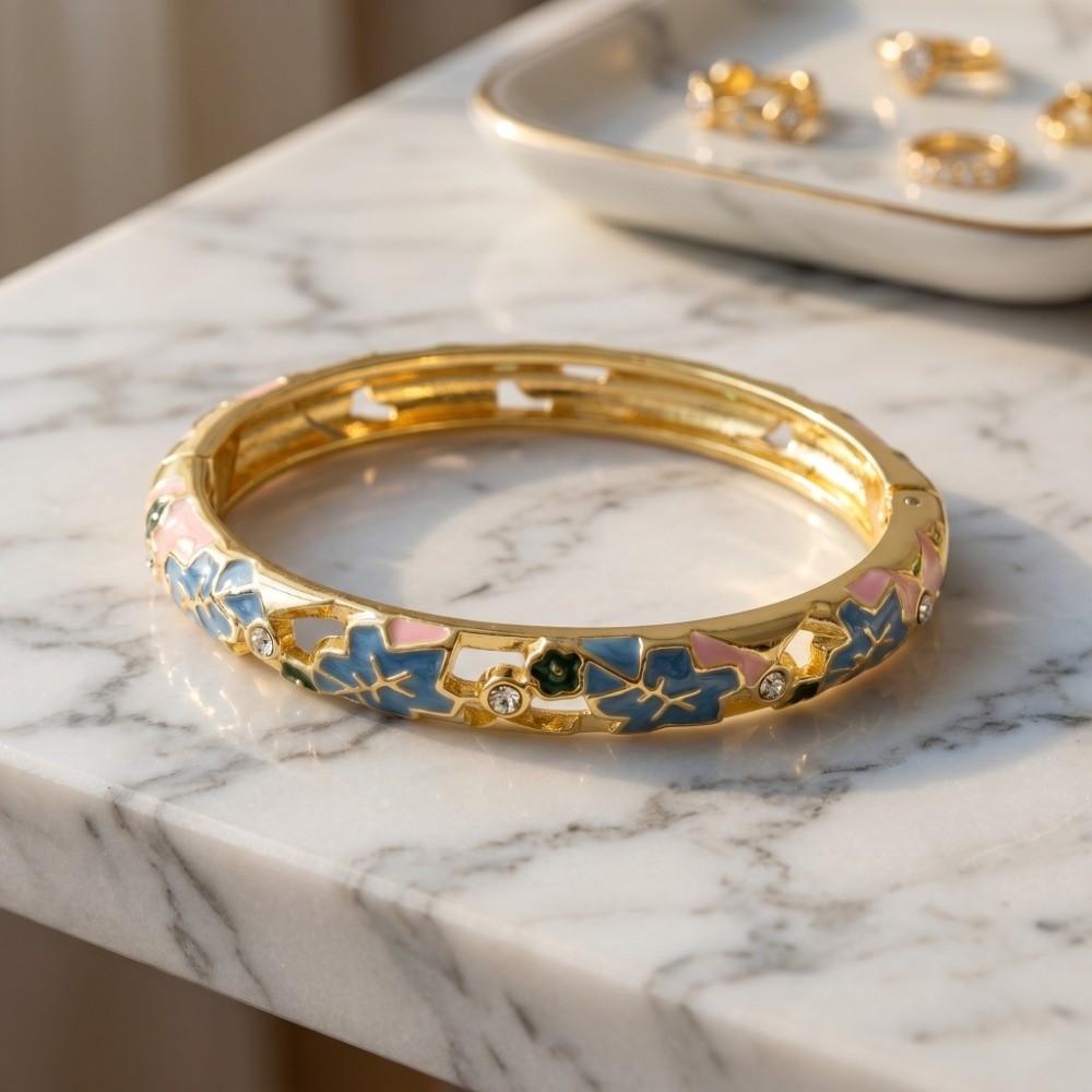 Traditional Vintage Cloisonne Bangle Big Floral Leaf Women's Hand Bracelet  Gifts for Women Girl