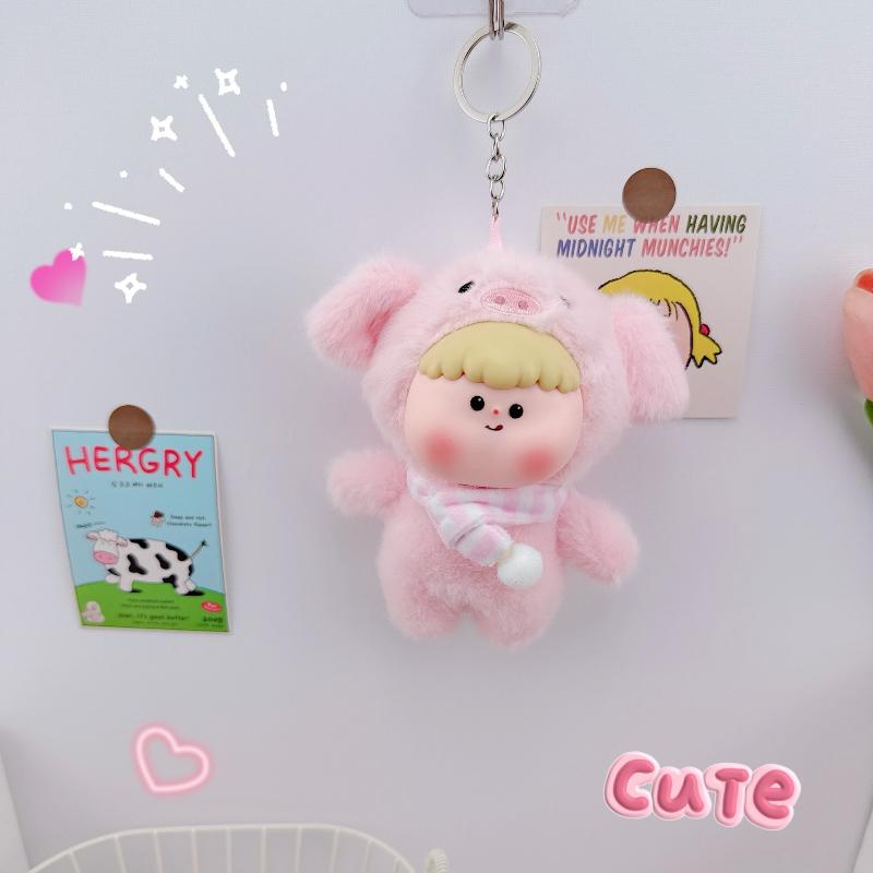 Cute Animal Vinyl Face Plush Toy Fluffy Pig Elephant Unicorn Collection Model Toy Kawaii Panda Keychain Pendant Hang Bag Plushie