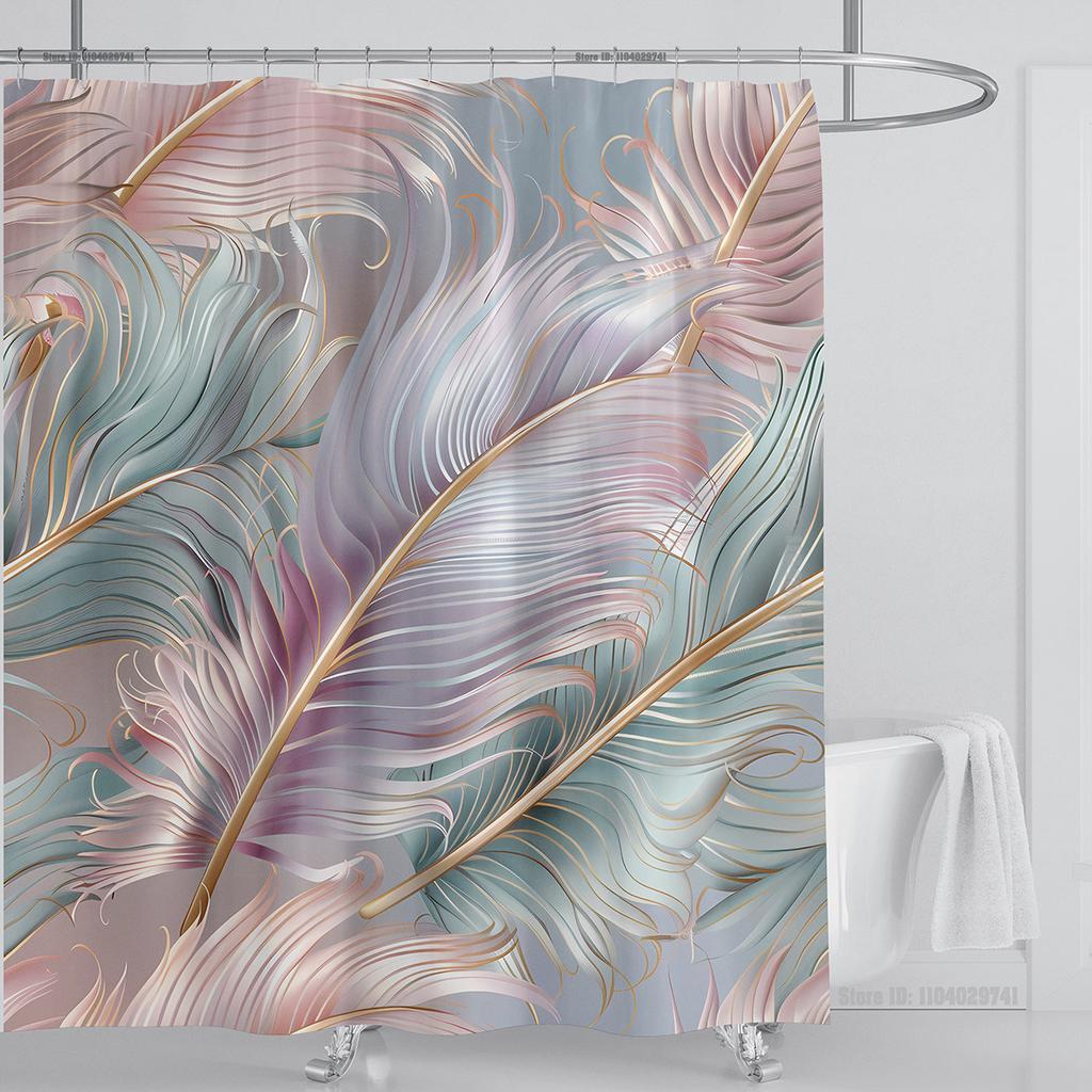 3D Feather Shower Curtain Set Colorful Printed Design Fabric Bathroom Decoration Waterproof Washable Shower Curtain with Hooks
