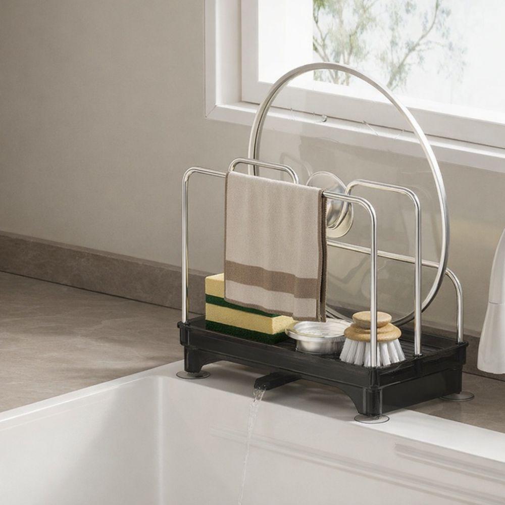 Stable Pot Lid Rack Stainless Steel Sponge Holder Pot Cover Shelf Counter-top Storage
