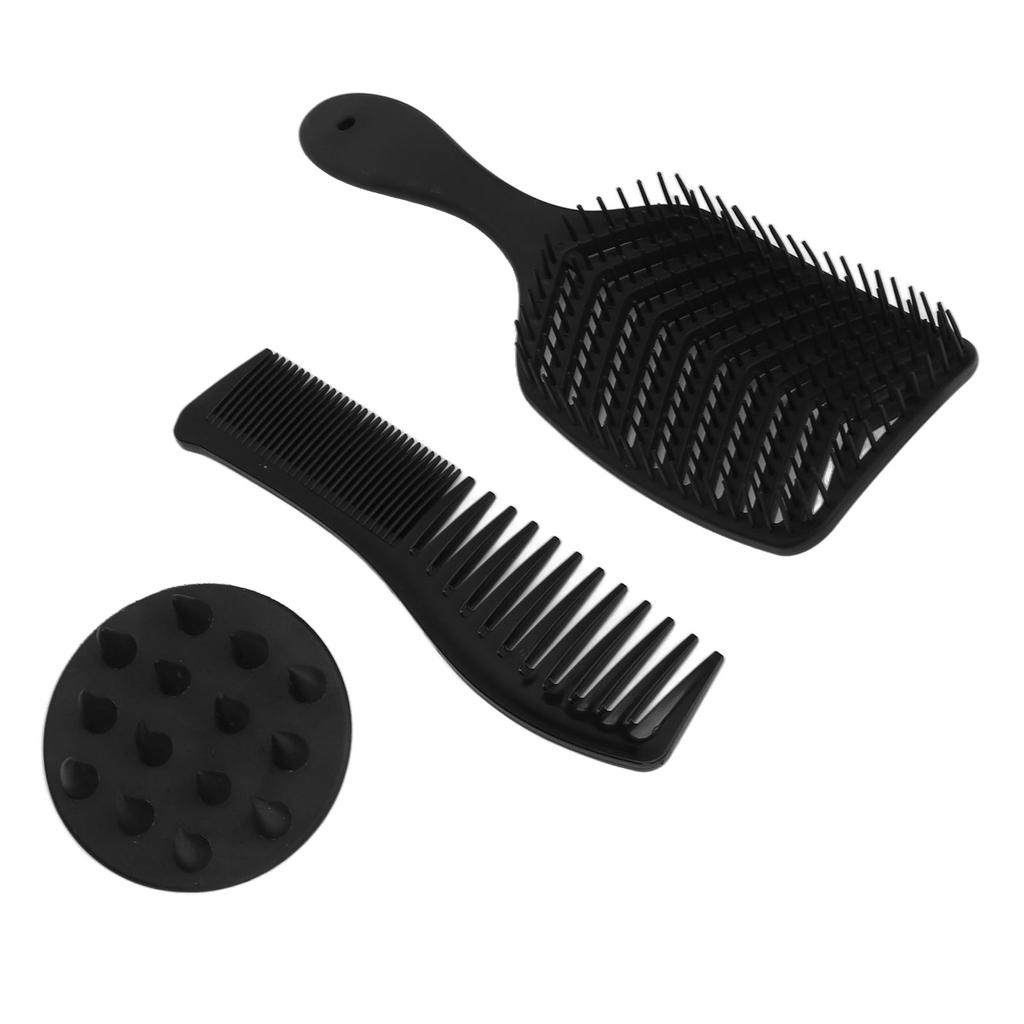 3pcs Hair Comb Set Easy Detangling Hollow Out Comb Wide Teeth Comb Hair Washing Brush Black