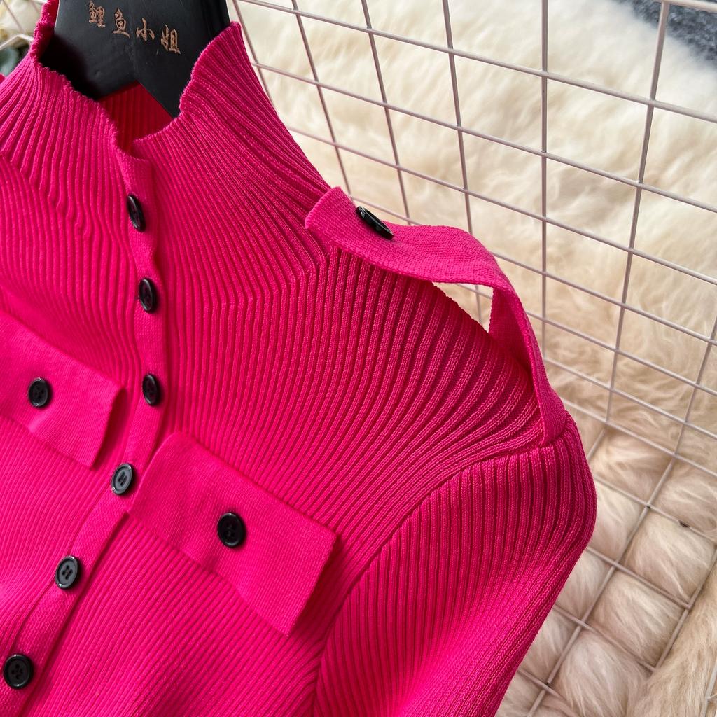 Весна Осень Женский Элегантный Вязаный Свитер со Стойкой Воротником Офисная Работа Длинные Миди Приталенные Платья-Футляры