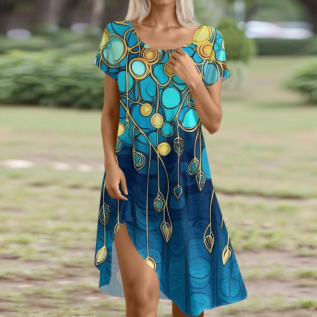 Short Sleeve Boho Dress For Women Casual Loose Fit Summer Sundress Floral Print Dress With Pockets