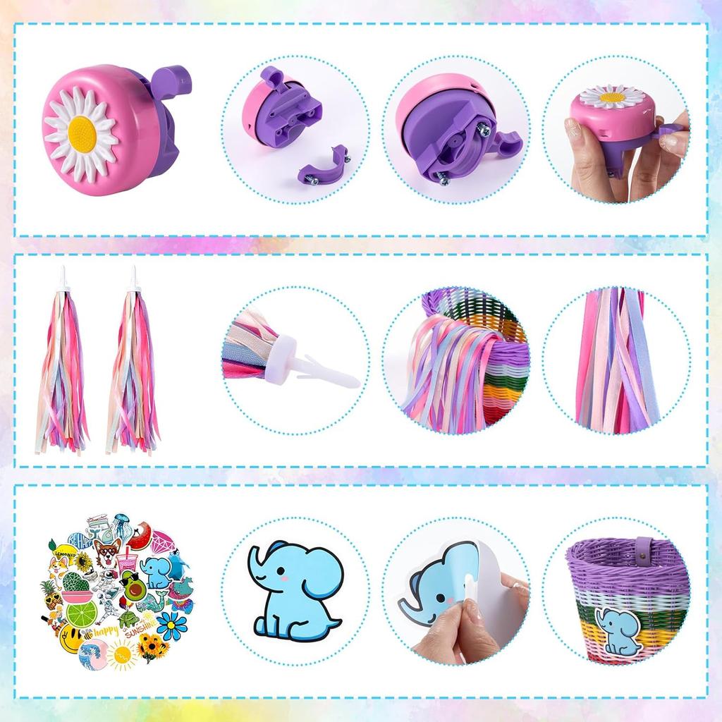 Детская корзина для велосипеда, Передняя корзина для велосипеда, Аксессуары для велосипеда для девочек и мальчиков, Плетеная корзина для велосипеда с наклейками, Велосипедный звонок, Ветряк и 1 пара цветных