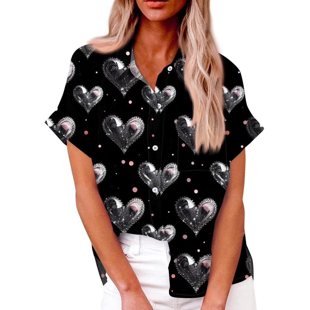 Женская свободная повседневная рубашка с короткими рукавами и отворотом с цифровым принтом и карманом