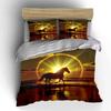 Sunset Beach Golden Halo Running Horse Duvet Cover Set,Nature Silhouette Scenery Bedding Includes 1 Duvet Cover 2 Pillowcase