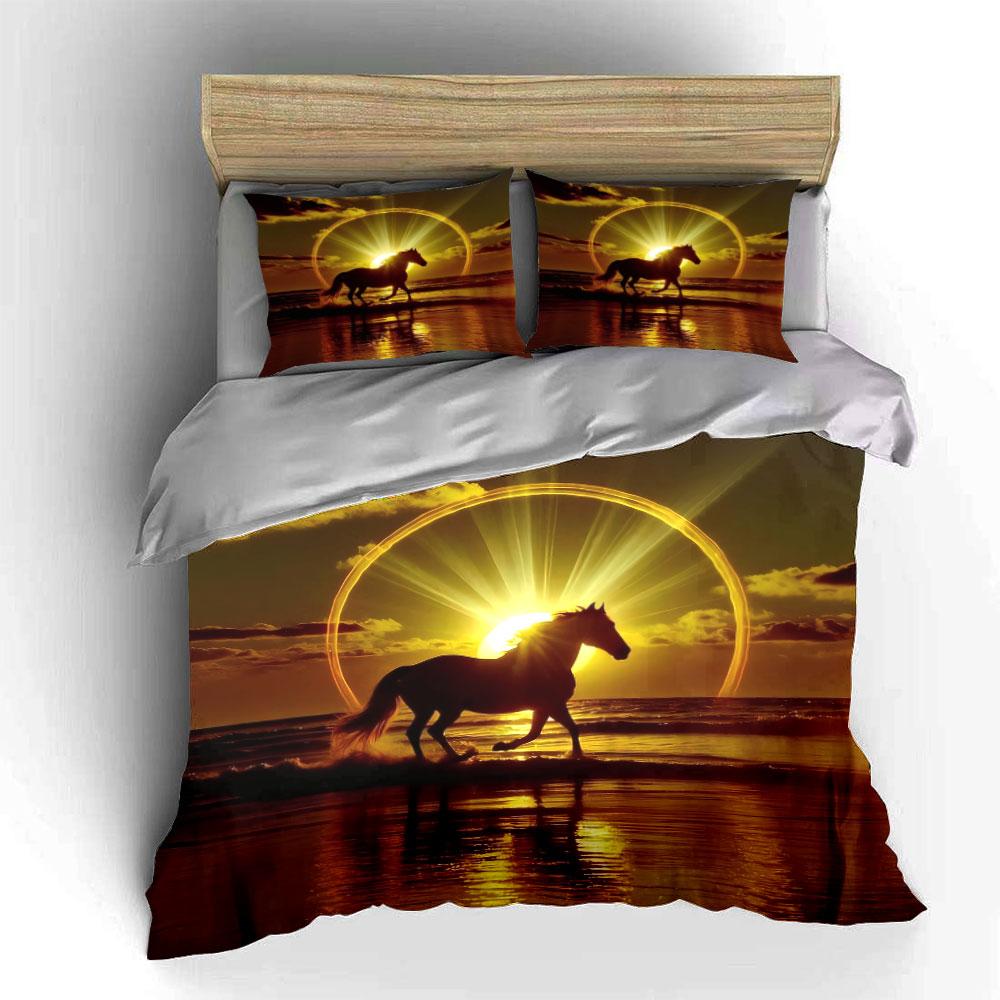 Sunset Beach Golden Halo Running Horse Duvet Cover Set,Nature Silhouette Scenery Bedding Includes 1 Duvet Cover 2 Pillowcase