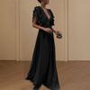 Women Evening Dress Low-cut V Neck Flying Sleeves Layered Ruffled Pleated High Waist Solid Color Floor Length Prom Cocktail Party Maxi Dress