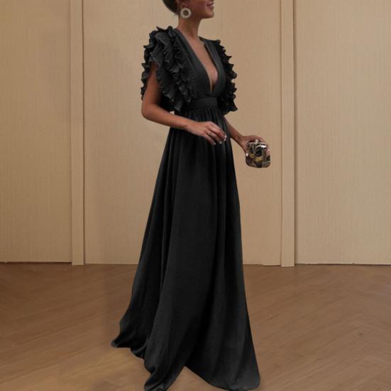 Женское вечернее платье с глубоким вырезом и V-образным вырезом с летающими рукавами Многослойное плиссированное платье с высокой талией и высокой талией Сплошной цвет Длина пола Пром Коктейльное платье макси