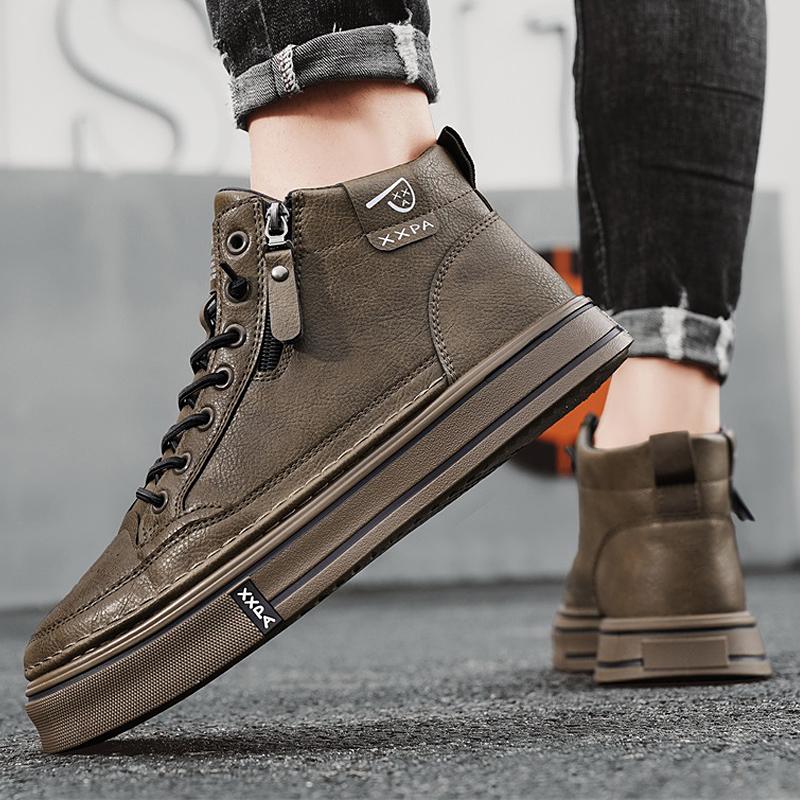 High Quality Men's Casual Shoes Fashion Leather Board Shoes Comfortable Platform Short Ankle Boots Slip On Man Walking Sneakers