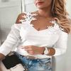 Женская мода с v-образным вырезом, кружевная лоскутная футболка с открытыми плечами, повседневная тонкая эластичная футболка с длинными рукавами, базовый топ, женские сексуальные пуловеры, футболки