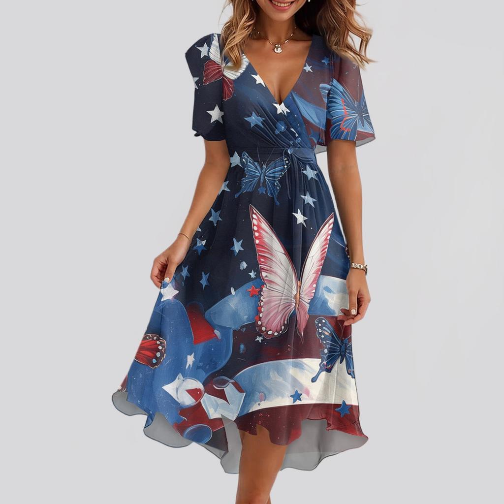 Women's Loose Casual V-Neck Flared Skirt Short Sleeved Printed Dress Printed Dress