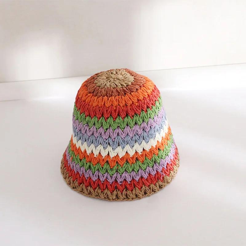 Japan Korea Crochet Beach Straw Hat Women Summer Flowers Grid Pure Hand-woven Hat Sunshade Fisherman Breathable Bucket Gorras