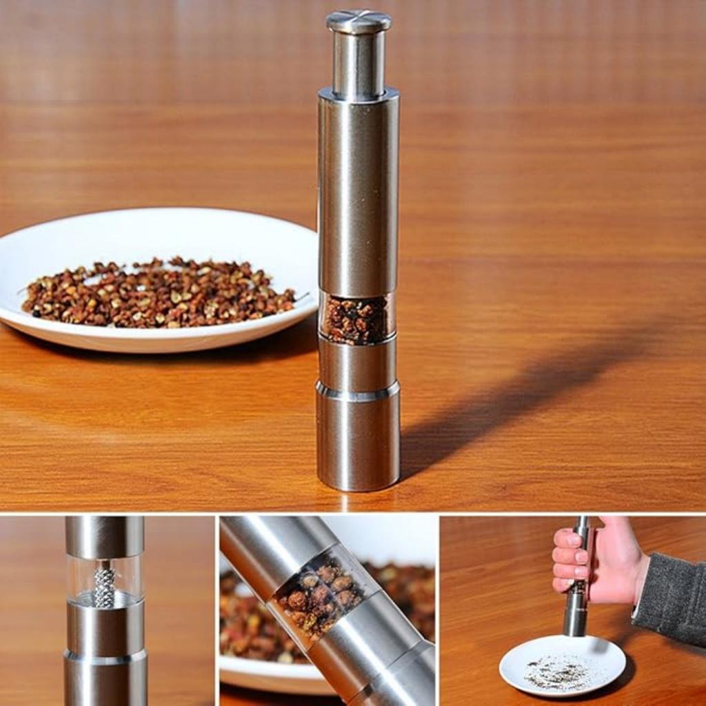 Stainless Steel Salt and Pepper Grinder,Push Button Grinder Modern Design Thumb Grinder, for Black Pepper, Sea Salt and Himalayan Salt, Spice and Salt
