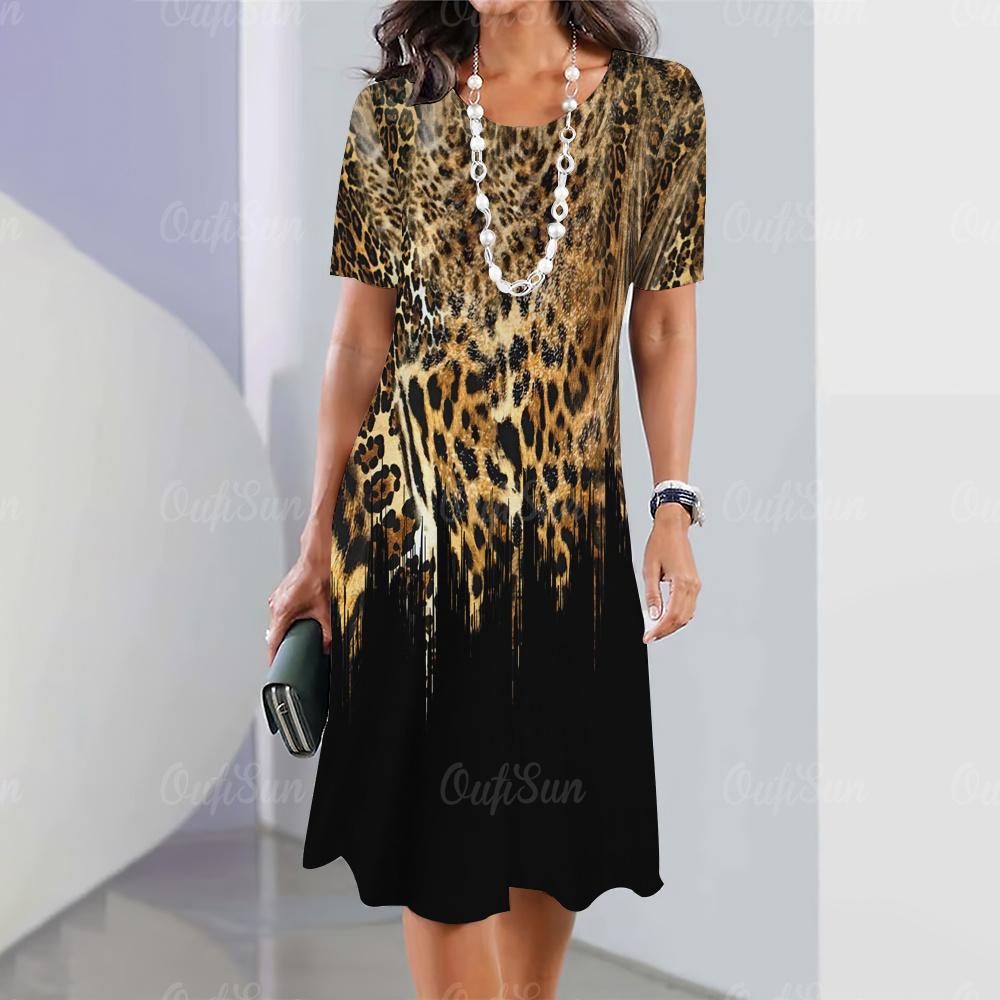 Женская мини-юбка с леопардовым принтом, модные летние платья до колена, уличные элегантные игривые платья 2023 года с круглым вырезом, женские топы, пуловеры