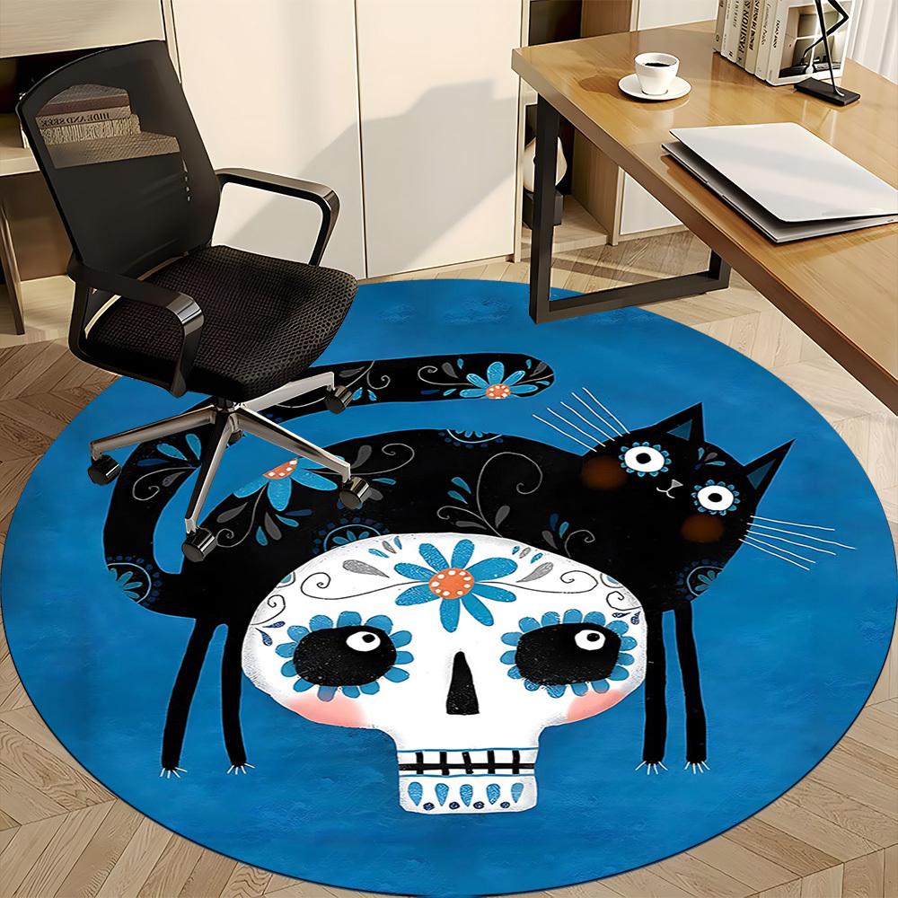 1PCSugar Skull Cat Office Round Area Rug, Mat Suitable For Office, Under Office Chairs Bedroom Living Room Home Decor, Room Deco