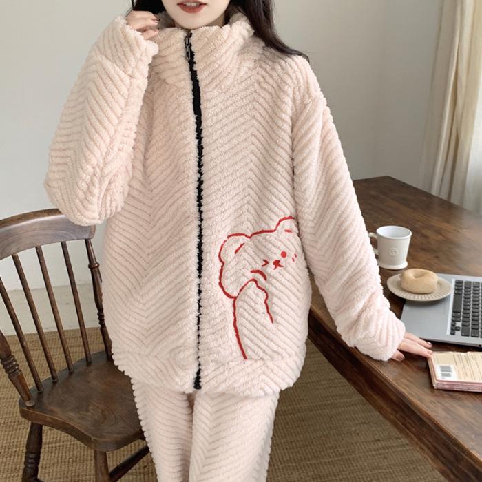 Women's Plush Zipper Pajamas - Autumn/Winter, Cute Stand Collar, Plus Size Coral Fleece Homewear