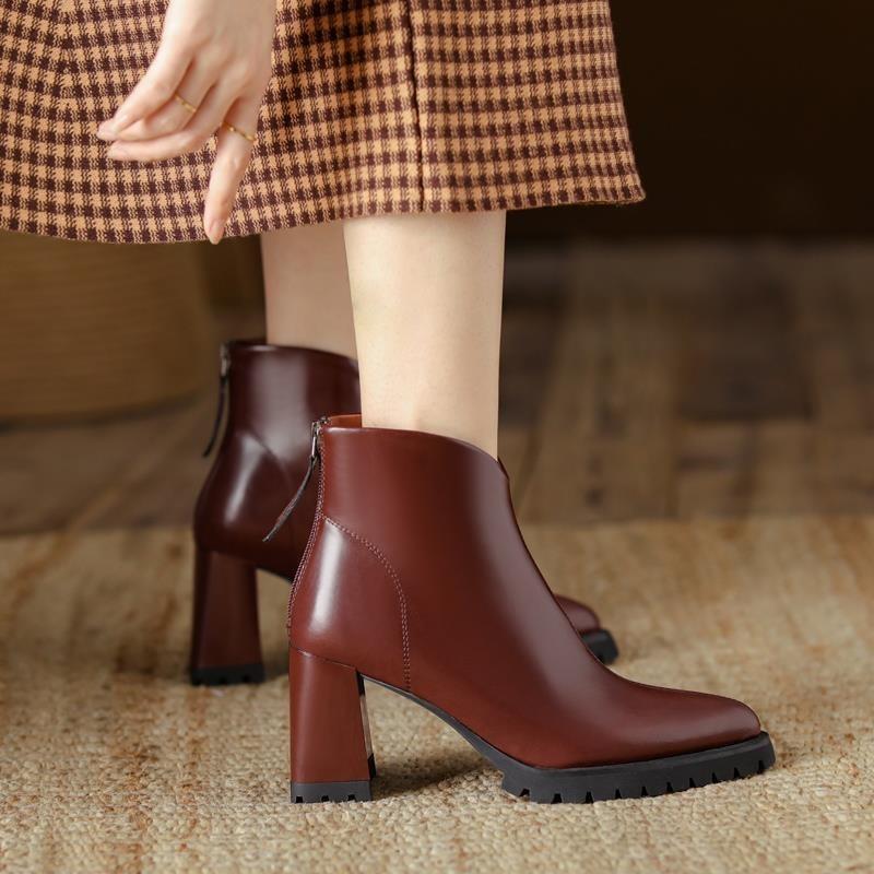 Fashion 2024 Hot Sale Shoes Female Zipper Winter Women's Boots Pointed Toe Solid Plus Velvet Warm Short Barrel High Heels British Boots