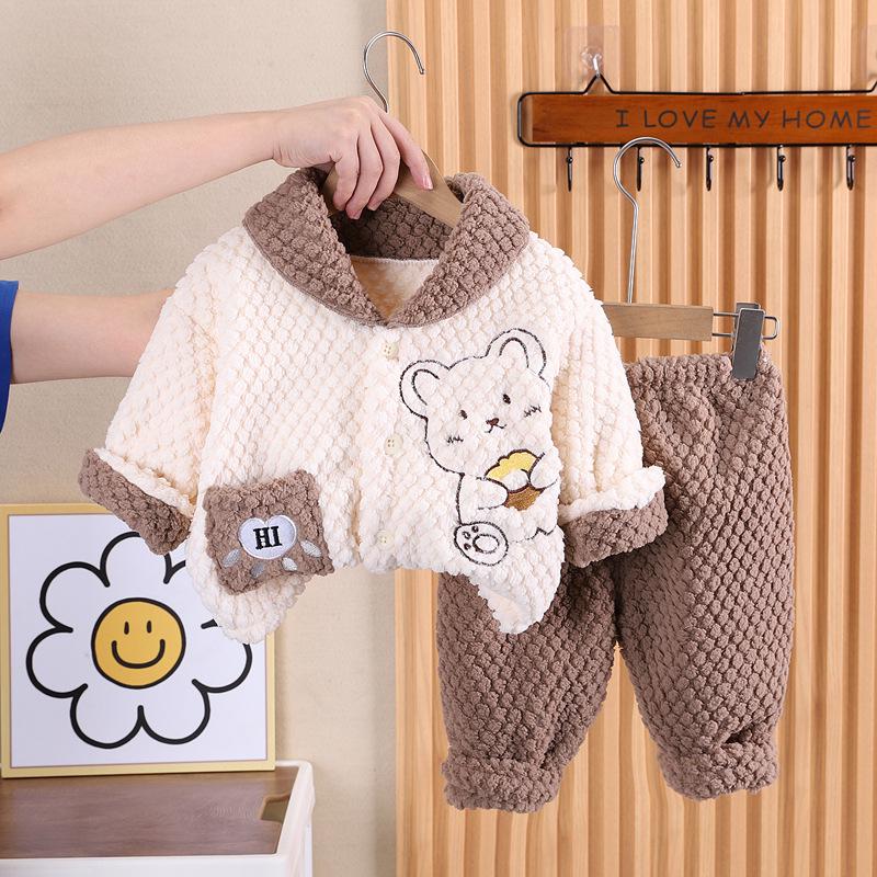 Winter Boys' Bear Pajama Set: Double-Layer Plush Fleece Homewear