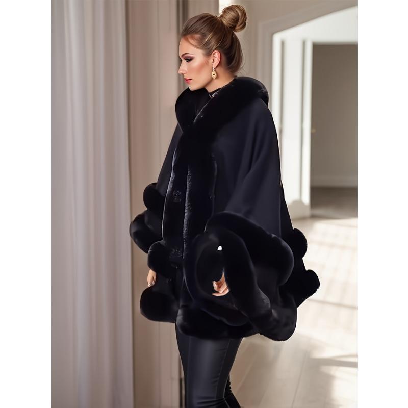 Women 2 Circle Faux Rabbit Fur Cape Poncho Winter Loose Warm Shawl Outerwear Cashmere Cloak Overcoat