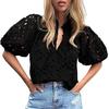 Женские топы V-образный вырез пышные короткие рукава ажурная вязаная крючком рубашка однотонная свободного кроя блузка для отдыха на открытом воздухе