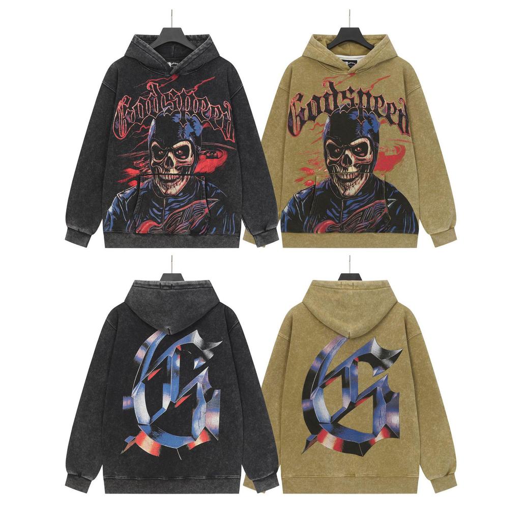 Худи с ретро-принтом 'God Bless America' в стиле рок-стрит, стиранное, повседневное, свободного кроя