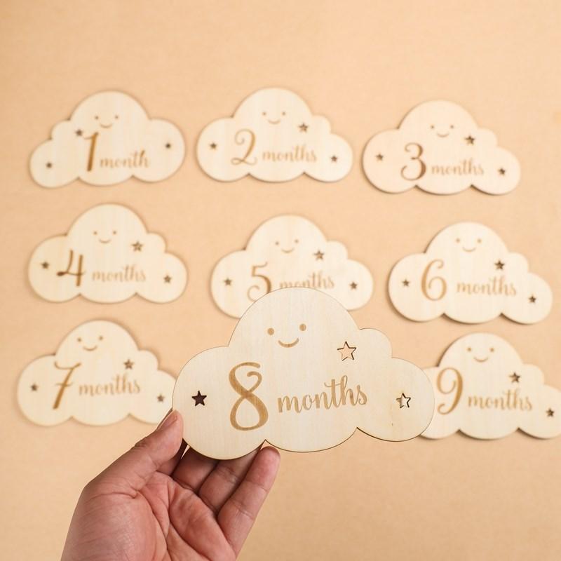8Pcset Wooden Baby Milestone Card For Newborn Cute Cloud Shape Pography Props Accessories Month Cards Sticker Newborn Gifts