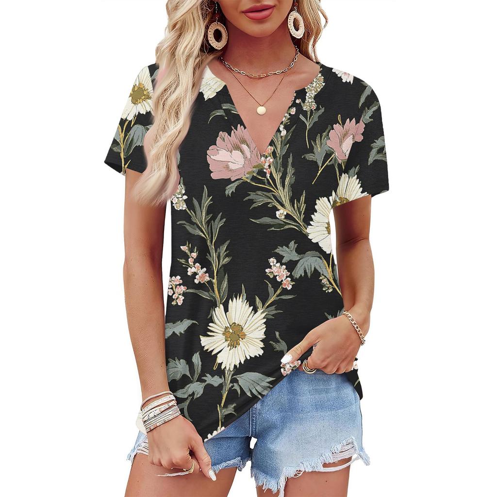 Женская летняя рубашка с коротким рукавом и V-образным вырезом с цветочным принтом, деловая повседневная свободная футболка, трендовая модная одежда, топы