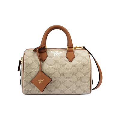 Сумка-тоут Boston с монограммой, маленькая, женская, бежевый холст и кожа