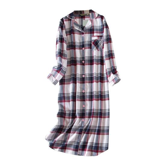 Lady Nightgown Heart Plaid Printing Turn-down Collar Single-breasted Knee Length with Chest Pocket Loose Nightdress Autumn Homewear Spring Sleepwear