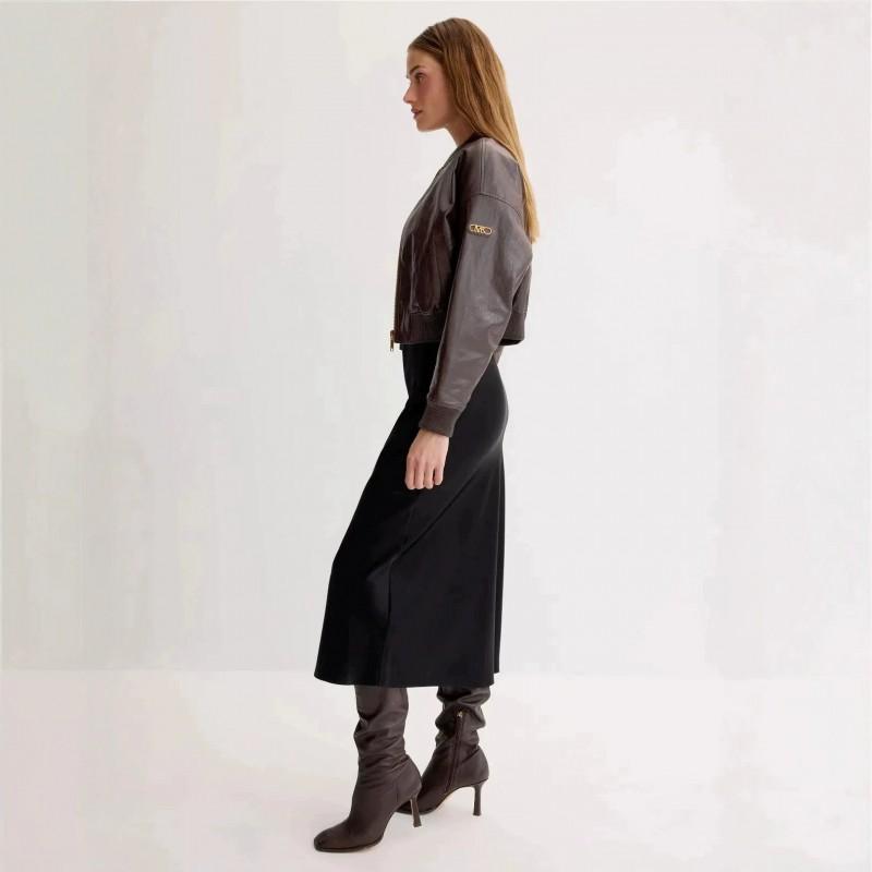 Womens Brown PU Short Bomber Jacket With Ribbed Collar Zip Front Streetwear