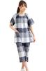 Eye Summer Short Front and Willow Check Sizes K's Women's Pajamas, Sleeves, Opening, 3/4 Pants, Skin-Friendly Cool, 100% Cotton, Pattern, Nightwear,